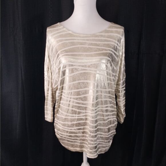 NWOT! CHICO'S! GOLD METALLIC & CREAM ABSTRACT STRIPE OVERSIZED TUNIC TOP! SZ S - Picture 2 of 13